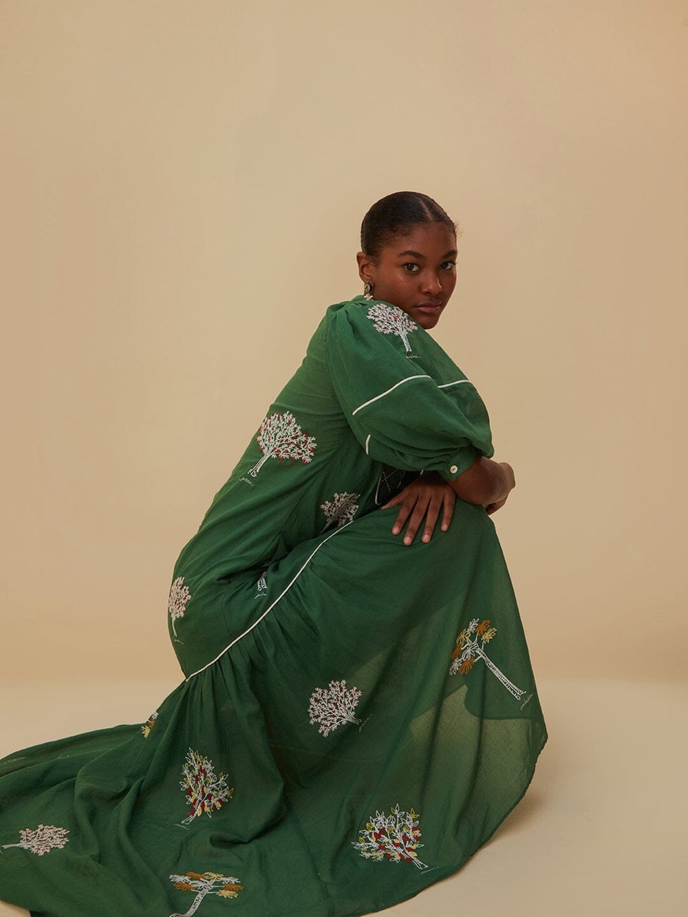 Farm Rio: Green Embroidered Trees Organic
Cotton Midi Dress - Picture 7 of 13
